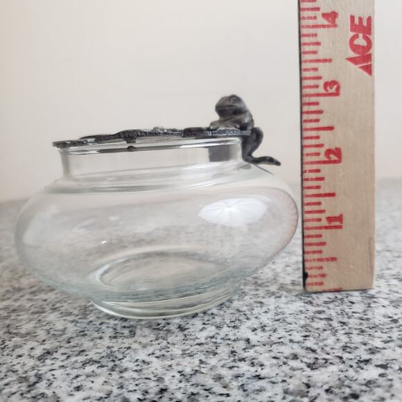 Vtg Metzke 70s Pewter Frog on Lily Pad Lid, Pattern Glass Potpourri Trinket Jar - Picture 6 of 8